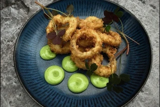 Sprød calamari på blå tallerken med grøn urtemayo og friske krydderurter, serveret på gråt underlag.