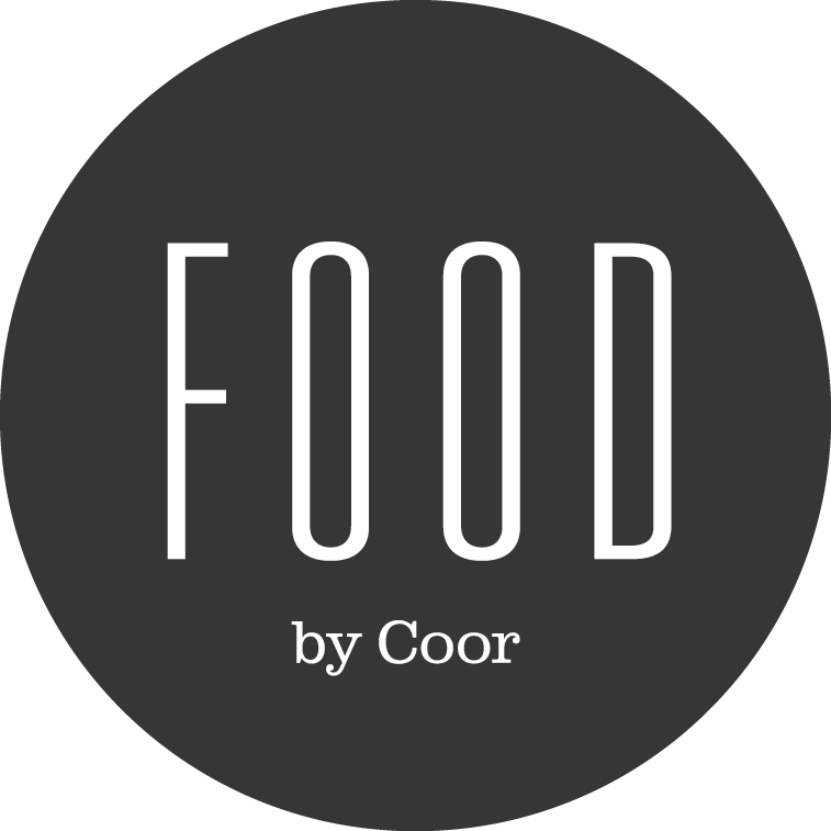 Sort logo for "FOOD by Coor" med hvid tekst.
