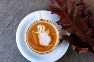 En kop kaffe med latte art på en hvid underkop ved siden af et rødt efterårsblad på en grå baggrund.
